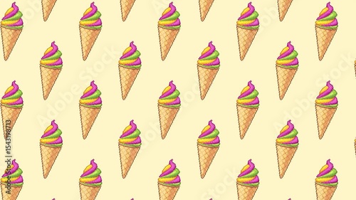 Animated seamless pixel art pattern of colorful swirl ice cream cones gently swaying and shifting. Playful motion adds charm to this sweet dessert-themed loop.