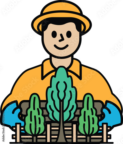 A man in a yellow shirt is holding a basket of trees