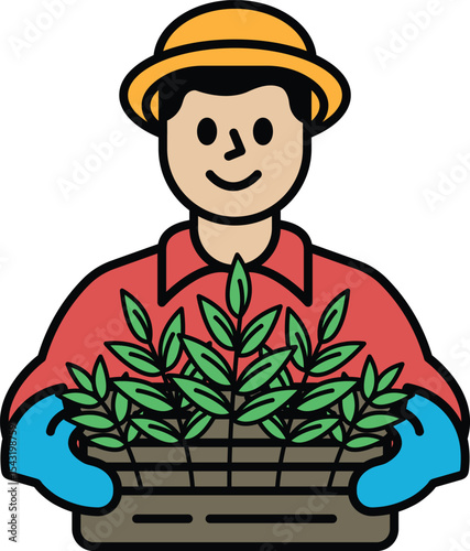 A man is holding a basket of plants