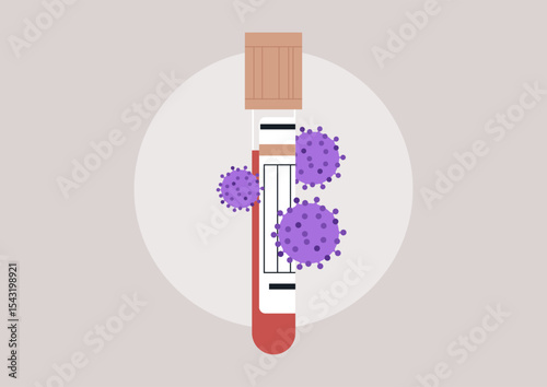 Representing a blood test tube surrounded by stylized virus icons, the illustration highlights the crucial role of testing in detecting viral infections and understanding public health