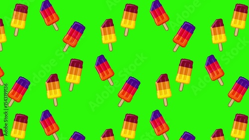 Animated seamless pixel art loop of colorful fruit ice lolly swaying on a green chroma key background. Ideal for compositing, motion graphics, and summer-themed video overlays.