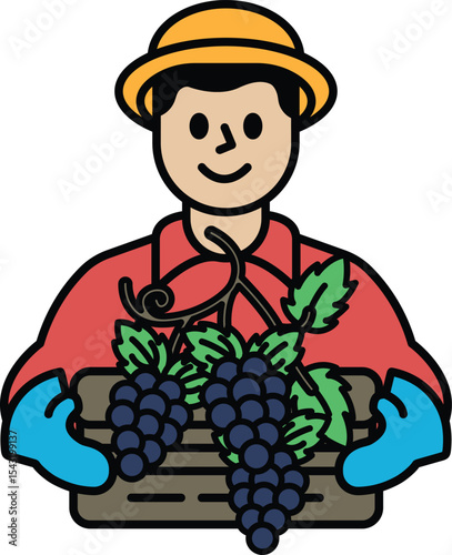 A man in a red shirt and hat is holding a basket of grapes