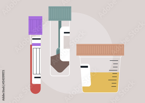 Three distinct lab test samples depict different collection methods, Color-coded tubes and containers showcase the variety of substances required for accurate medical testing in a clinical environment