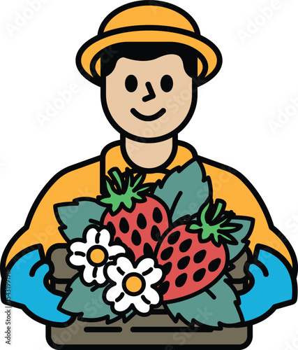 A man is holding a basket of strawberries and flowers