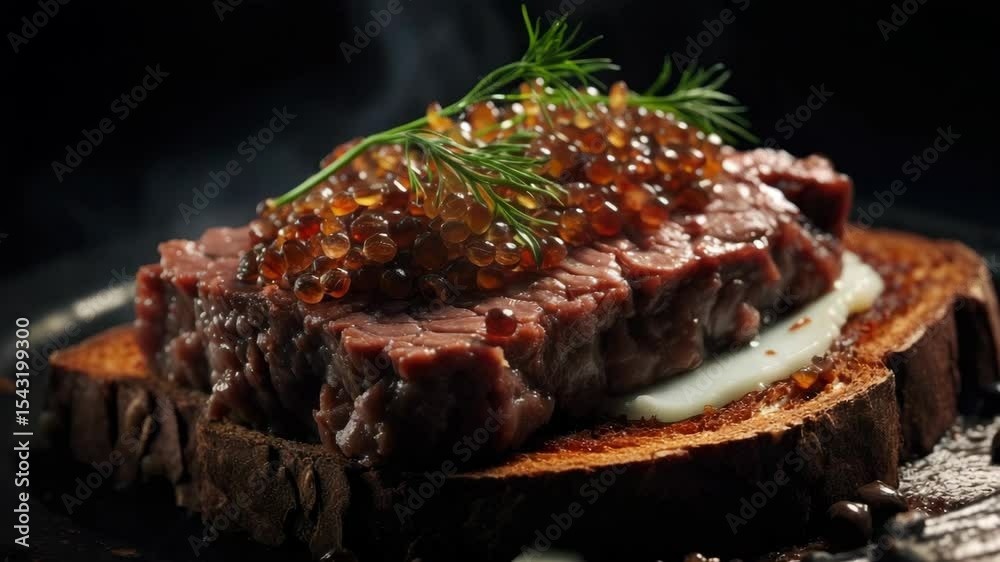 An appetizing culinary creation featuring beef and pine nuts, with a touch of herbs for flavor. Perfectly arranged on wooden plates, it's a gourmet entree that captures the essence of fine dining.