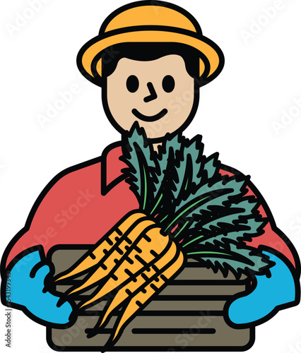 A man is holding a basket of carrots