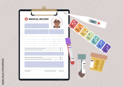 A detailed arrangement of medical lab samples, a clipboard featuring patient information, and a thermometer, highlighting crucial elements in health assessments