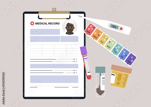 A detailed arrangement of medical lab samples, a clipboard featuring patient information, and a thermometer, highlighting crucial elements in health assessments