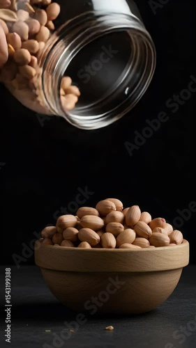 Realistic Peanuts Pouring from Jar into Wooden Bowl Food Snack