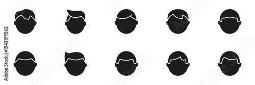 Male Hairstyles Silhouette Icon Set. Diverse Men Haircuts And Styles Silhouette Symbol Collection. Hair Fashion And Grooming Concepts. Isolated Vector Illustration