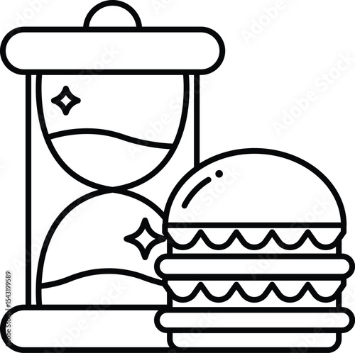 A cartoon drawing of a clock and a hamburger