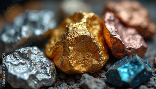 Macro close-up shot metallic ores. Silver gold copper zinc iron minerals in industrial mineral composition analysis. Shiny raw material samples with geologic structure for exploration.