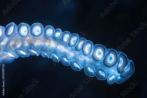 Close-up of a bioluminescent octopus arm, showcasing intricate suckers and glowing texture.