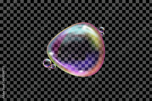 Flying transparent soap bubbles of different shapes on a checkered background