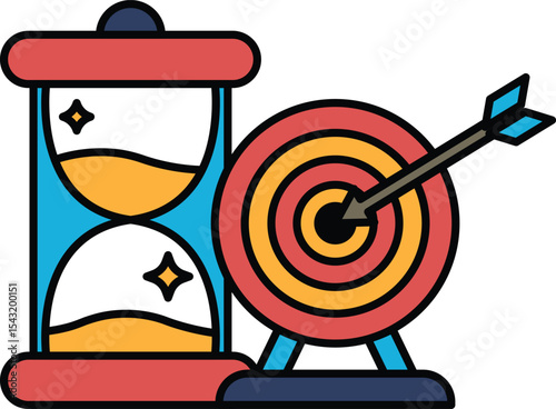 A clock with a red and yellow face and a black arrow pointing to a target