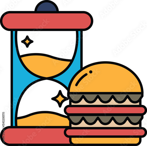 A cartoon drawing of a clock and a hamburger