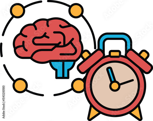 A red clock with a brain in the background