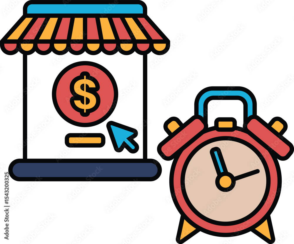 Naklejka premium A store sign with a dollar sign and a clock with the time of 10:00
