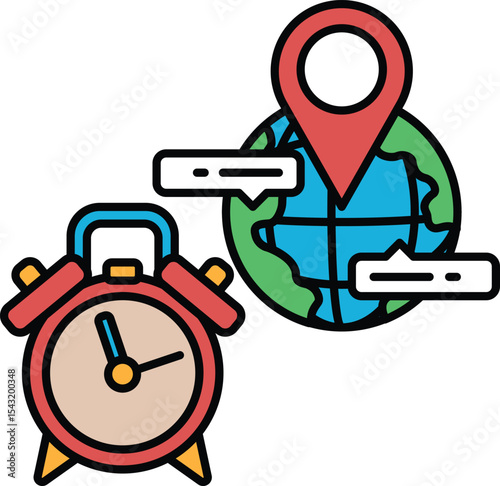 A clock and a globe with a red dot on it