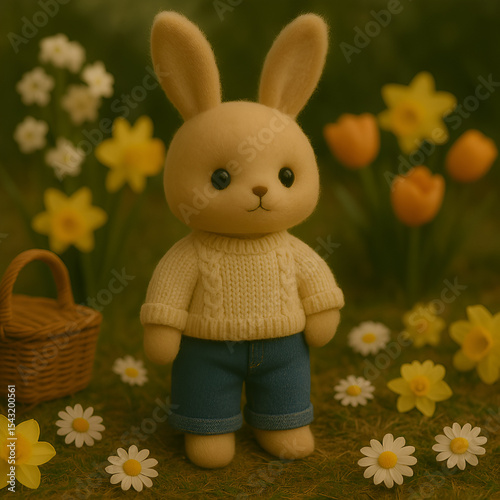 季節の小物に囲まれたうさぎのぬいぐるみが手作り服でファッションインフルエンサー風にポージング｜ぬい撮り×季節感×おしゃれなコーデ写真