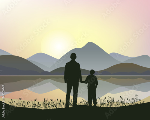 Father and son. Silhouette of people against the background of a river mountain landscape and sunrise or sunset. Father's day card design