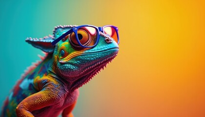 Chameleon wears mirrored glasses, posing against colorful background. Vibrant reptile playful fashion, with stylish eyewear, bright palette. Eye-catching photo captures unique style.
