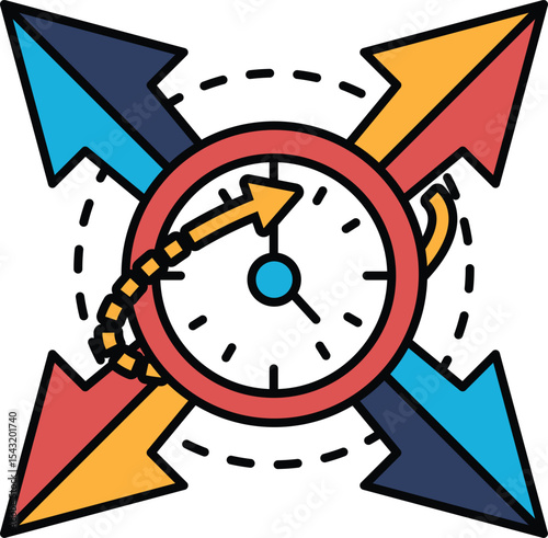 A clock with a red face and four arrows pointing to the numbers 1, 2, 3, and 4