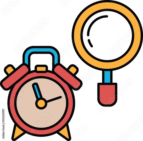 A red alarm clock with a blue and yellow handle sits next to a magnifying glass