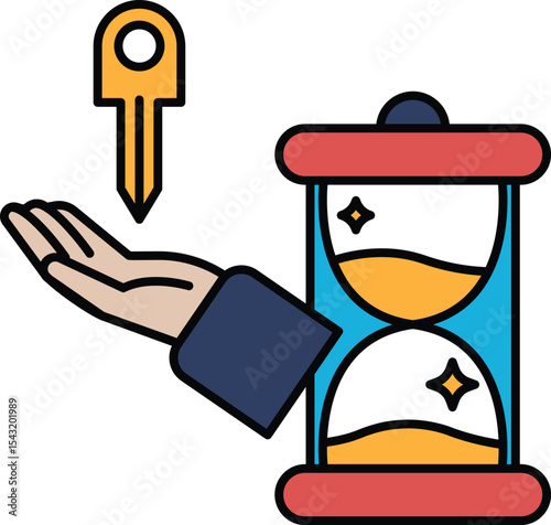 A hand is holding a key above a clock that is set to the number 12