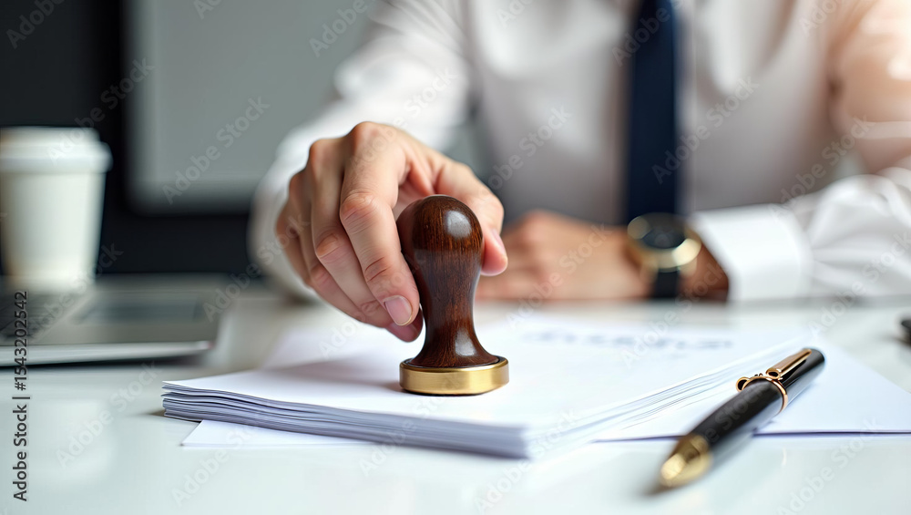 Fototapeta premium Business professional validating important documents with official rubber stamp at modern office desk, symbolizing approval and trust