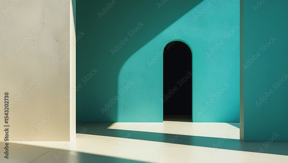 Fototapeta premium A minimalist interior features a turquoise wall with an arched doorway
