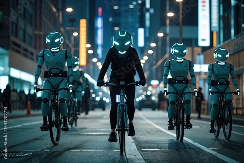 Nighttime Urban Operations Managed by Sentient Androids Featuring an Adult Woman Riding a Bicycle