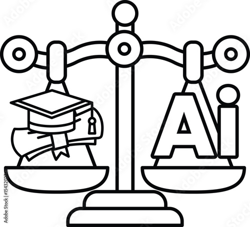 A scale with a graduation cap on one side and the letters AI on the other