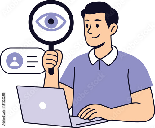 Data Analysis Vector Illustration. Man analyzing data using a magnifying glass and laptop.