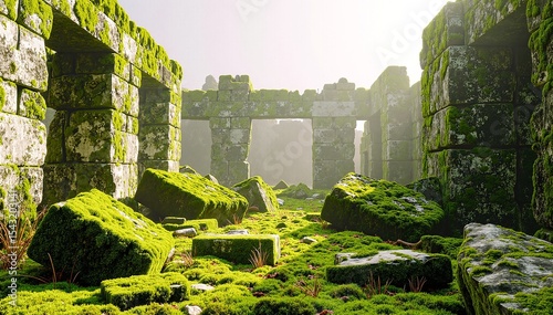 A weathered, ancient ruin stands amidst lush greenery, with crumbling stone walls, overgrown vines, and remnants of intricate carvings hinting at its storied past.