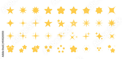 Stars big yellow icon set. Sparkle sign. Sparks / Shine / Galaxy / Starburst icons. Design flat shiny elements, shapes for a poster, banner, background, stickers. Editable stroke. Vector illustration.