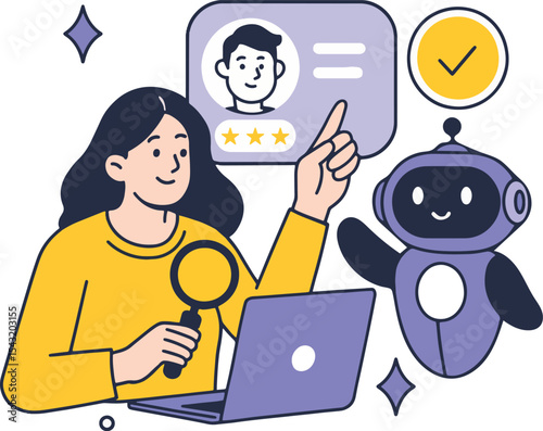 AI Recruitment Vector: Woman Using AI for Hiring Process.