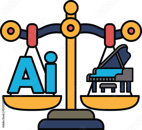 A scale with the letters AI on one side and a piano on the other