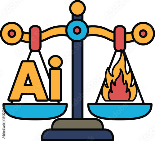 A scale with the letters AI on one side and fire on the other