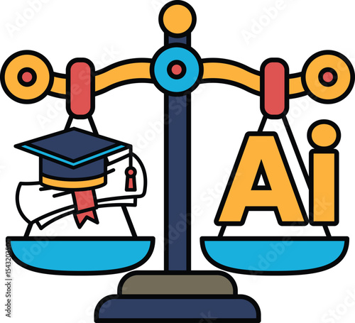 A scale with a graduation cap on one side and the letters AI on the other