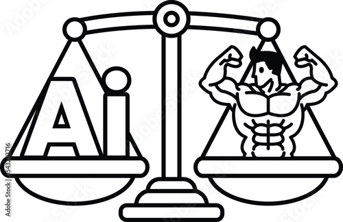 A man with a muscular build is standing on a scale with the letters AI on the le