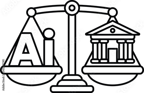 A scale with the letters AI on one side and a building on the other