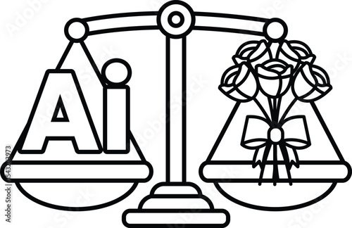A scale with a rose bouquet on one side and the letters AI on the other