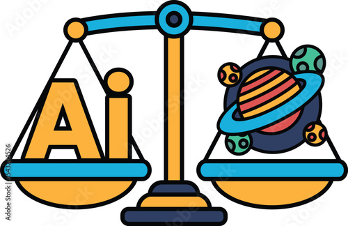A scale with the letters AI on one side and a planet on the other