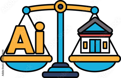 A scale with the letters AI on one side and a building on the other