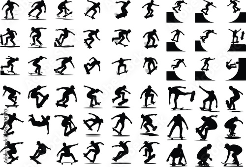 Skateboard Trick Pose Icon Silhouette – Cool Skater Action Pack Skater Mid-Trick Silhouette Set – Dynamic Skateboarding Icons
