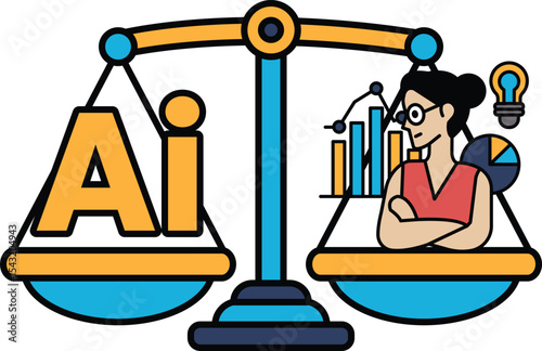 A woman is sitting on a scale with the word AI on the left side