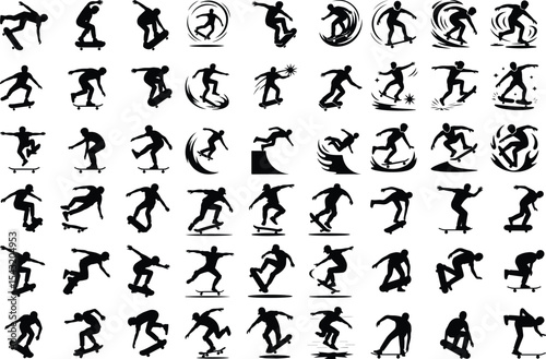 Skateboard Trick Pose Icon Silhouette – Cool Skater Action Pack Skater Mid-Trick Silhouette Set – Dynamic Skateboarding Icons