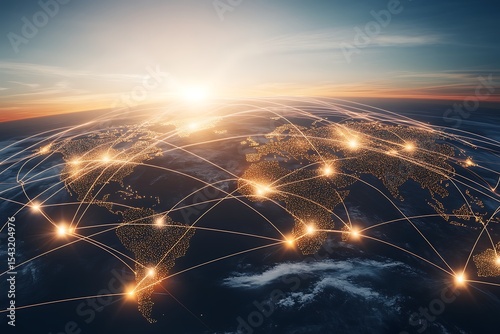 Global network connections shining over the Earth at sunrise, international business photo
