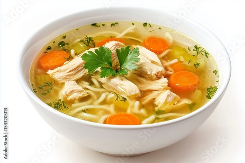 Delicious bowl of clear chicken noodle soup with tender chicken, carrots, and herbs served on a white background